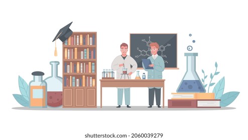 Cursos universitarios universitarios de enseñanza práctica en composición de caricaturas de bioquímica con estudiantes de experimentos químicos ilustraciones vectoriales