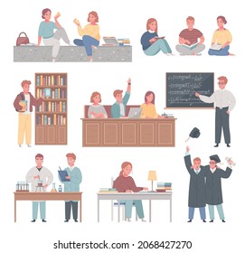 College university lectures laboratories practical classes library study places breaks outdoor students professors cartoon set vector illustration