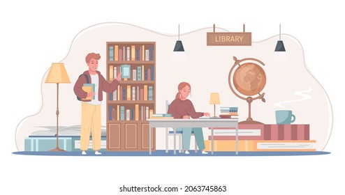 College university library as self study place cartoon composition students choosing textbooks reading writing notes vector illustration