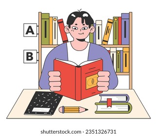 Biblioteca universitaria. Lugar de autoestudio. Estudiantes leyendo libros de texto. Educación académica superior. Estilo de vida en el campus. Ilustración vectorial plana