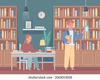 College university library study place for students professors borrowing reserving books online access scientific publications cartoon vector illustration