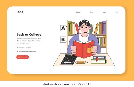 College university library web banner or landing page. Self study place. Students reading textbooks. Higher academic education. Campus lifestyle. Flat vector illustration