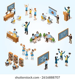 College University People Isometric Icons Collection academy research excited reading achievement success fun