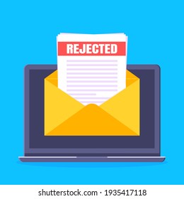 College or university reject letter with laptop screen, open envelope document email.