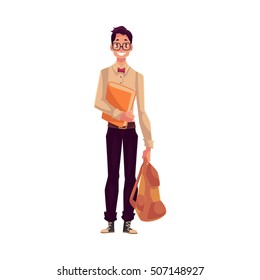 College, university student, geek in square glasses holding backpack, cartoon style illustration isolated on white background. Male student with books and backpack wearing large glasses and bow tie