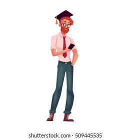 College, university student in glasses and graduation cap holding phone, cartoon style illustration isolated on white background. Male student in graduation cap, shirt and jeands playing with phone