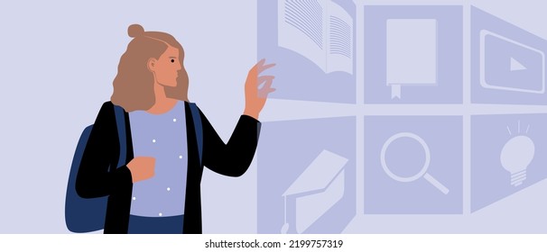 College or university student and hologram into cyberspace, technological flat vector stock illustration as concept of online education