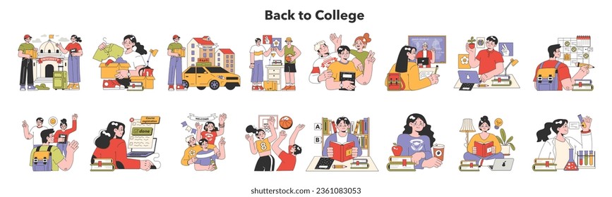 College or university student set. Uni fellow students or classmates studying and hanging out together. Higher academic education. Campus friends community, dormitory life. Flat vector illustration