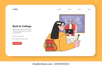 College or university student web banner or landing page. Character study at campus lecture hall. Woman listening to a public seminar. Higher academic education. Flat vector illustration