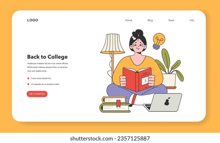 College or university student web banner or landing page. Character studying, reading books and writing a paper assignment. Student dormitory life. Higher academic education. Flat vector illustration