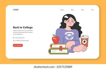 College or university student web banner or landing page. Character studying, reading books and writing a paper assignment. Student dormitory life. Higher academic education. Flat vector illustration