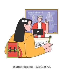 College or university student. Young character study at campus lecture hall. Young woman listening to a public seminar in the auditorium. Higher academic education. Flat vector illustration