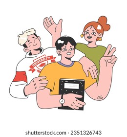 College or university students. Happy young people hang out together. Higher academic education. Campus friends community. Flat vector illustration
