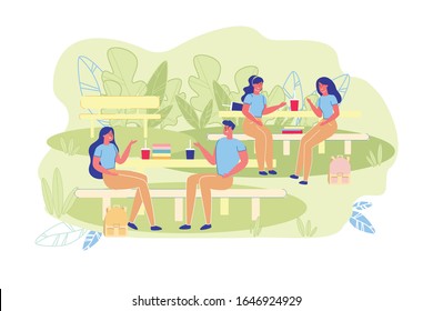 College or University Students Having Lunch on Fresh Air Flat Cartoon Vector Illustration. Couple Having Conversation Sitting at Table. Two Girls Talking and Drinking. Books on Table.