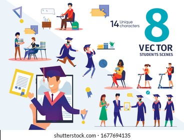 College or University Students Life Scenes Trendy Flat Vectors Set. Female, Male Students Learning in Auditorium, Rides Scooters, Prepares to Exams in Library, Celebrates Graduation Illustration