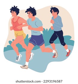 College or university students. Physical education or sport class. Young people in a sportswear running together. Campus activities. Higher academic education. Flat vector illustration