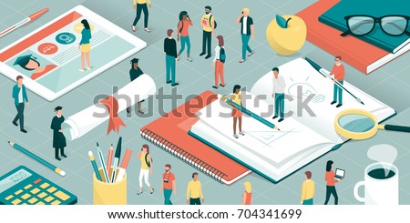 College and university students, researchers and professors studying together, school supplies and digital tablet: education and research concept