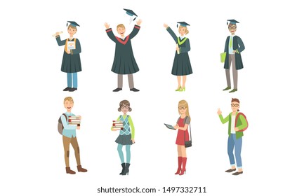 College or University Students Set, Graduated Students Wearing Academic Gown and Graduation Cap, Boys and Girls in Casual Clothes Vector Illustration