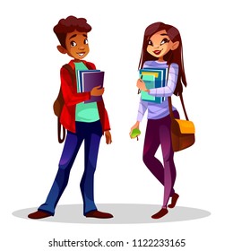 College or university students vector illustration. Black Afro American boy and Asian girl with school bags and education books in hands for different nationalities study