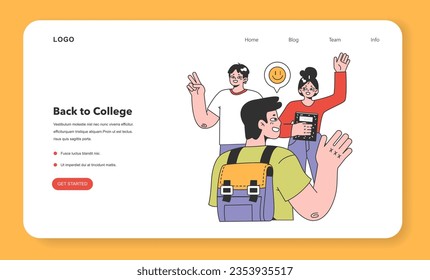 College or university students web banner or landing page. Happy young people hang out together. Higher academic education. Campus friends community. Flat vector illustration