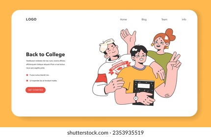 College or university students web banner or landing page. Happy young people hang out together. Higher academic education. Campus friends community. Flat vector illustration