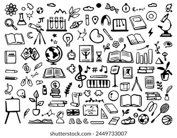 College or university subjects, monochrome doodles. Vector flat cartoon style, icons of books and educational tools. Physics and biology, chemistry and astronomy equipment for lessons and classes