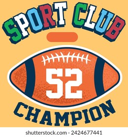 college or varsity type illustration, with varied fonts and texts, some with mascots, patches and colorful college numbers. with blocks.