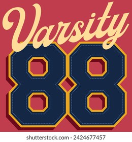 college or varsity type illustration, with varied fonts and texts, some with mascots, patches and colorful college numbers. with blocks.