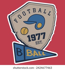 college or varsity type illustration, with varied fonts and texts, some with mascots, patches and colorful college numbers. with blocks.