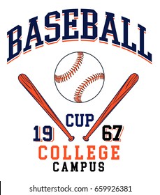 College vector label and print design for t shirt. Baseball graphic.