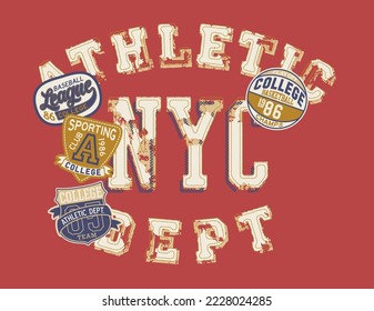 College vintage sporting league athletic department  badges grunge vector print for boy sport wear with embroidery patches applique