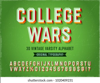 'College Wars' Vintage Retro 3D Varsity Sport Alphabet. Original Athletic Department Typeface. Retro Typography. Vector Illustration.