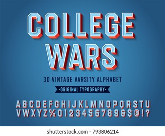 'College Wars' Vintage Retro 3D Varsity Esporte Alfabeto. Tipo Original do Departamento de Atletismo. Tipografia retrô. Ilustração vetorial.