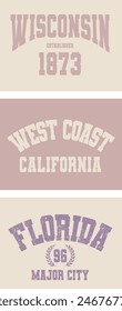 College WISCONSIN, CALIFORNIA, FLORIDA slogan typography for t-shirt. Varsity slogan print tee shirt, sport apparel print. Vintage graphics. Vector illustration.