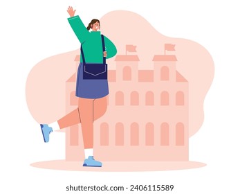 A college woman on campus is walking and calling her friend by raising her hand. Character design. Vector flat illustration