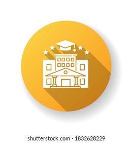 College yellow flat design long shadow glyph icon. Higher education. Academic institution, prestigious gymnasium, university graduation. Campus and bachelors cap silhouette RGB color illustration