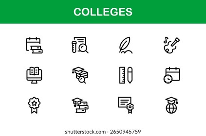 Colleges Education Institutions Professional Line Icon Collection - Um conjunto de vetor mínimo e moderno com símbolos com temas universitários e gráficos acadêmicos