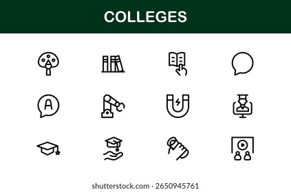 Colleges Education Institutions Professional Line Icon Collection - Um conjunto de vetor mínimo e moderno com símbolos com temas universitários e gráficos acadêmicos