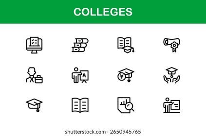 Colleges Education Institutions Professional Line Icon Collection - Um conjunto de vetor mínimo e moderno com símbolos com temas universitários e gráficos acadêmicos