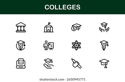 Colleges Education Institutions Professional Line Icon Collection – A minimal, modern vector set featuring college-themed symbols and academic-related graphics