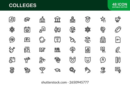 Colleges Education Institutions Professional Line Icon Collection - Um conjunto de vetor mínimo e moderno com símbolos com temas universitários e gráficos acadêmicos