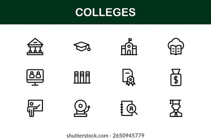 Colleges Education Institutions Professional Line Icon Collection - Um conjunto de vetor mínimo e moderno com símbolos com temas universitários e gráficos acadêmicos