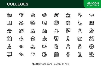 Colleges Education Institutions Professional Line Icon Collection – A minimal, modern vector set featuring college-themed symbols and academic-related graphics