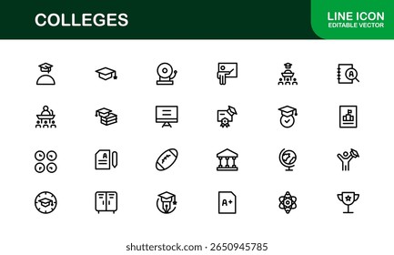 Colleges Education Institutions Professional Line Icon Collection – A minimal, modern vector set featuring college-themed symbols and academic-related graphics
