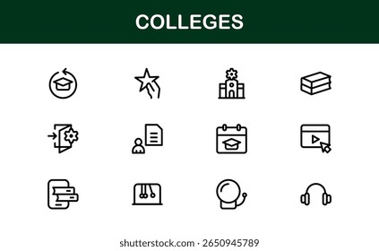 Colleges Education Institutions Professional Line Icon Collection - Um conjunto de vetor mínimo e moderno com símbolos com temas universitários e gráficos acadêmicos
