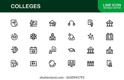 Colleges Education Institutions Professional Line Icon Collection - Um conjunto de vetor mínimo e moderno com símbolos com temas universitários e gráficos acadêmicos