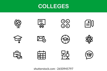 Colleges Education Institutions Professional Line Icon Collection – A minimal, modern vector set featuring college-themed symbols and academic-related graphics