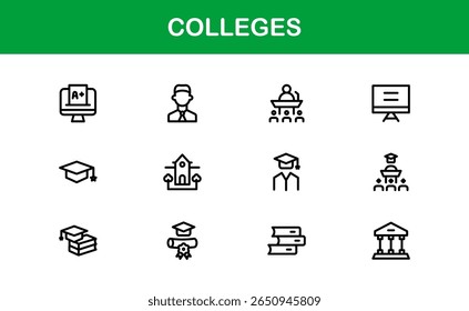 Colleges Education Institutions Professional Line Icon Collection - Um conjunto de vetor mínimo e moderno com símbolos com temas universitários e gráficos acadêmicos