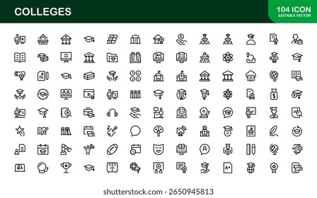 Colleges Education Institutions Professional Line Icon Collection - Um conjunto de vetor mínimo e moderno com símbolos com temas universitários e gráficos acadêmicos