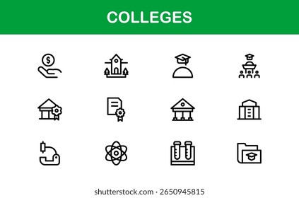 Colleges Education Institutions Professional Line Icon Collection – A minimal, modern vector set featuring college-themed symbols and academic-related graphics